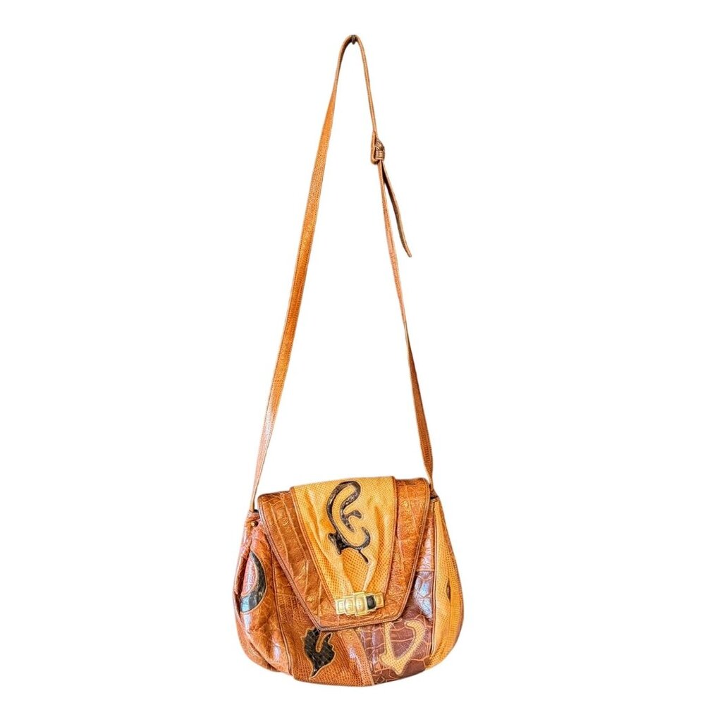 Sharif Vintage Leather Crossbody Bag Snakeskin Croc Embossed Brown USA Retro - Picture 2 of 16